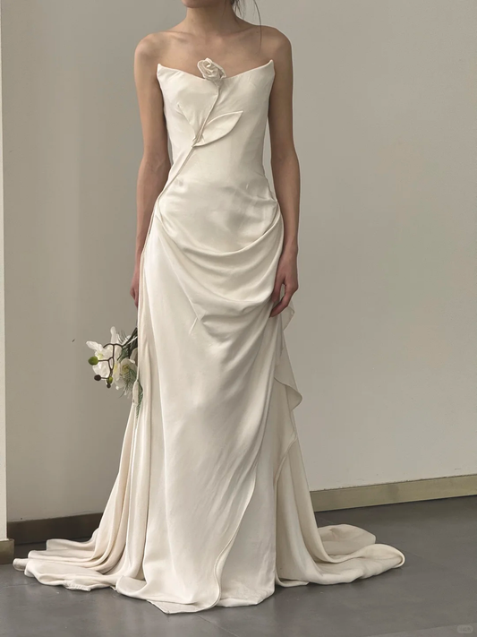 Robe de mariée longue en satin à fleurs, style sirène, sans bretelles, chic, C4557