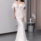 Robe de mariée longue sirène en satin, tulle, dentelle et perles, épaules dénudées, C4565