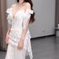 Robe de mariée longue sirène en satin, tulle, dentelle et perles, épaules dénudées, C4565