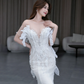 Robe de mariée longue sirène en satin, tulle, dentelle et perles, épaules dénudées, C4565
