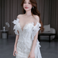 Robe de mariée longue sirène en satin, tulle, dentelle et perles, épaules dénudées, C4565