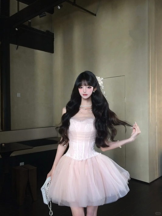 Princess 18th Pink Ball Gown Strapless Tulle Short Homecoming Dress Birthday Outfits C4570