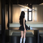 Simple 19th A Line U Neck Black Satin Short Homecoming Dress Birthday Outfits C4581
