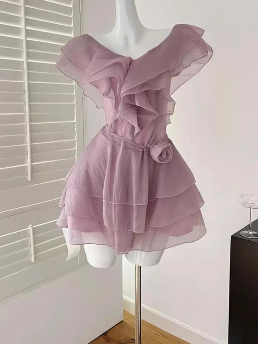 Chic 19th A Line V Neck Chiffon Tiered Short Homecoming Dress Birthday Outfits C4583