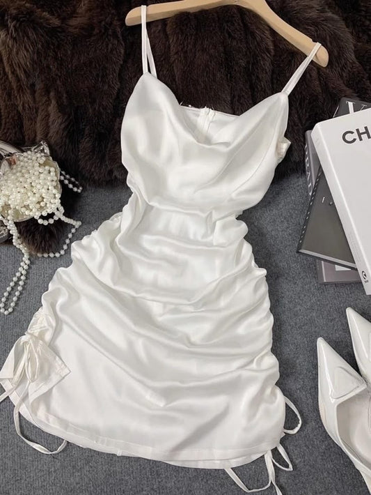 Simple 19th White Mermaid Spaghetti Straps Satin Pleated Short Homecoming Dress Birthday Outfits C4584