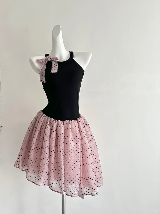 Chic 19th A Line Halter Satin Chiffon Polka Dots Short Homecoming Dress Birthday Outfits C4586