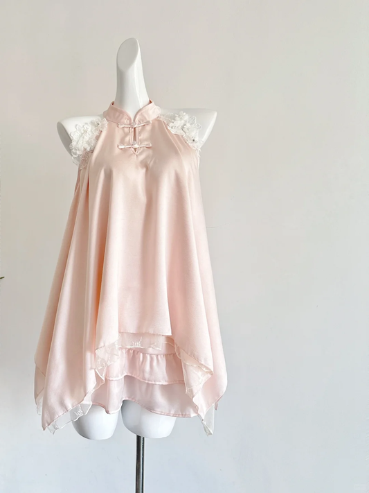 Pretty Chinese Style Halter Satin Lace Short Homecoming Dress 22th Birthday Outfits C4595