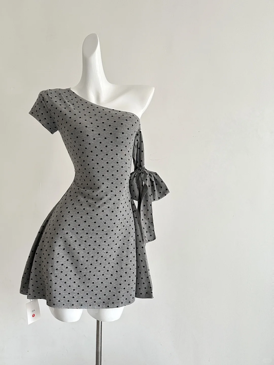 Gray 18th A Line One Shoulder Satin Polka Dots Short Homecoming Dress Birthday Outfits C4598