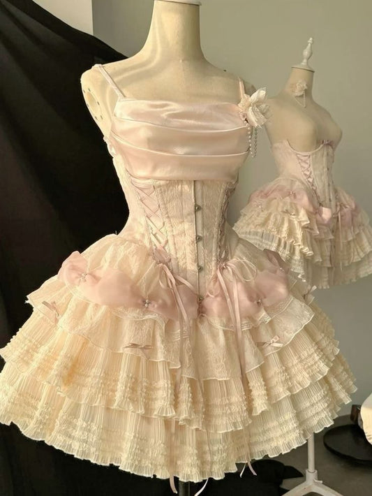 Sweet 16th Pink Ball Gown Spaghetti Straps Satin Short Homecoming Dress Birthday Outfits C4603