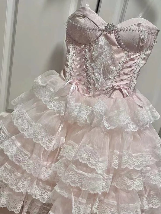 Pretty 16th Pink Ball Gown Spaghetti Straps Satin Lace Short Homecoming Dress Birthday Outfits C4604