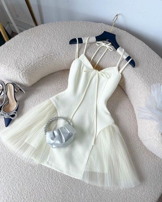 Simple A Line Spaghetti Straps Satin Tulle Short Homecoming Dress18th Birthday Outfits C4606