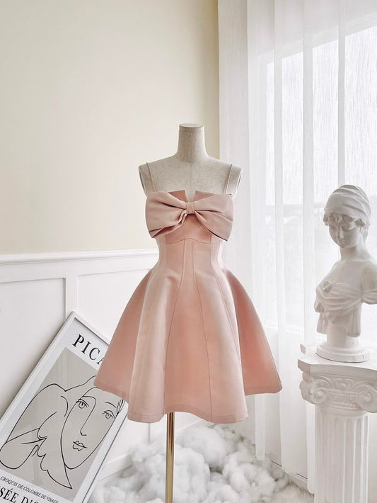 Simple Pink A Line Spaghetti Straps Satin Bow Short Homecoming Dress18th Birthday Outfits C4607