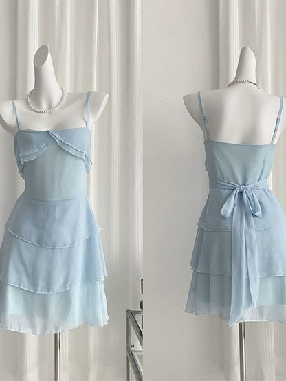 Cute Pale Blue A Line Spaghetti Straps Chiffon Tiered Short Homecoming Dress 17th Birthday Outfits C4618