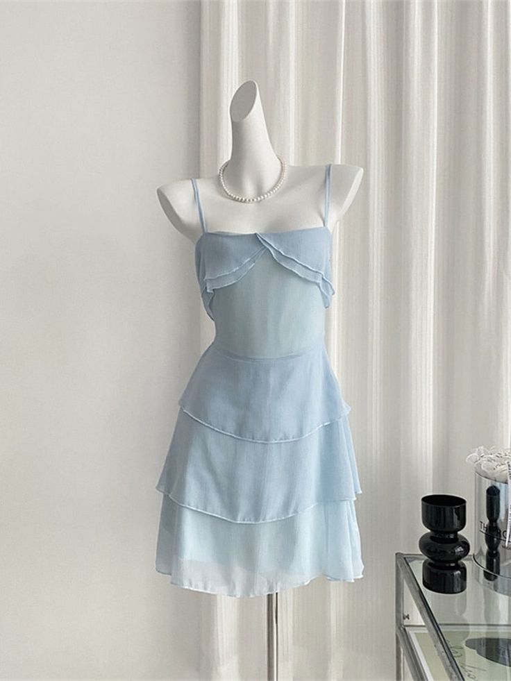 Cute Pale Blue A Line Spaghetti Straps Chiffon Tiered Short Homecoming