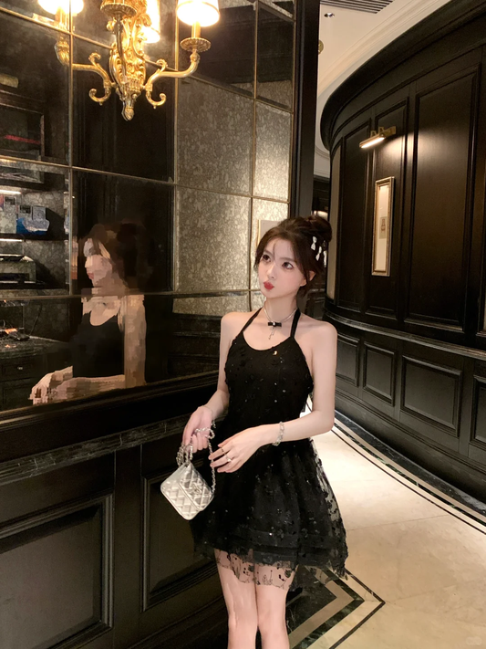 Chic A Line Halter Black Tulle Sequin Short Homecoming Dress 18th Birthday Outfits C4633