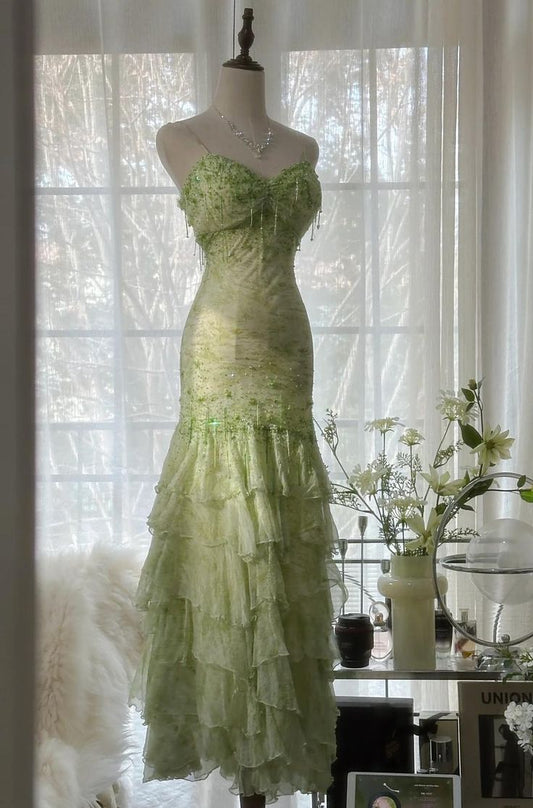 Stunning Mermaid Spaghetti Straps Satin Chiffon Sequin Beads Long Prom Dresses Formal Dress C4637
