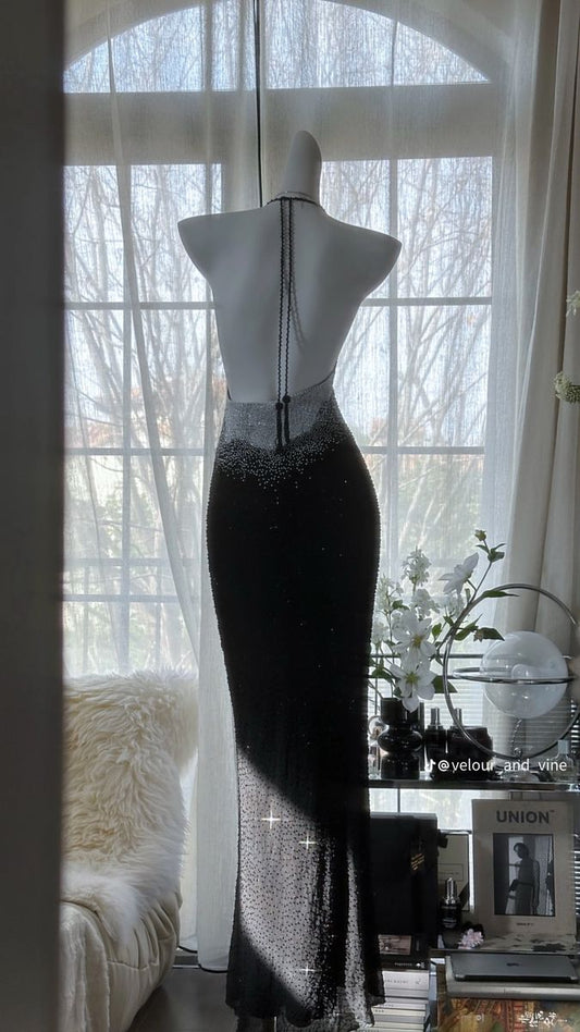Unique Mermaid Halter Satin Beads Backless Long Prom Dresses Formal Dress C4640