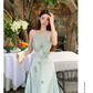 Robe de bal longue en satin et mousseline de soie, coupe trapèze, décolleté en V, élégante, C4643