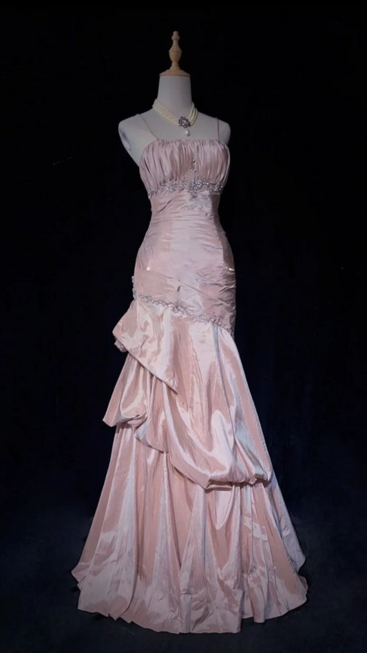 Pretty A Line Spaghetti Straps Pink Satin Long Prom Dresses Formal Dress C4644