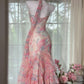 Superbe robe de bal longue sirène à bretelles spaghetti en mousseline imprimée C4645
