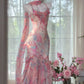 Superbe robe de bal longue sirène à bretelles spaghetti en mousseline imprimée C4645