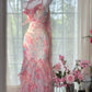 Superbe robe de bal longue sirène à bretelles spaghetti en mousseline imprimée C4645