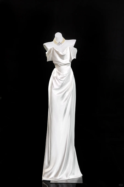 Robe de bal longue en satin, simple et élégante, style sirène, épaules dénudées, C4648