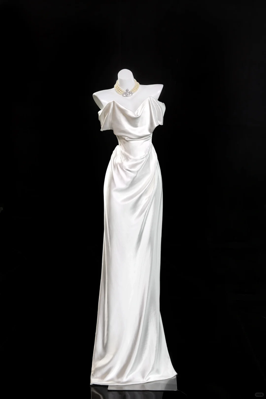 Robe de bal longue en satin, simple et élégante, style sirène, épaules dénudées, C4648