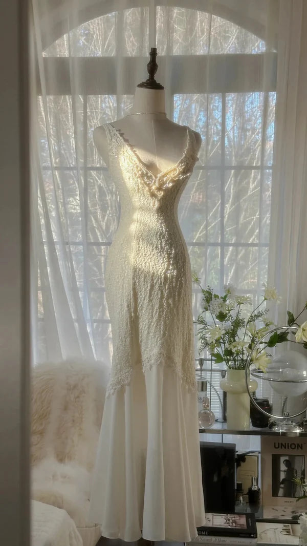 Robe de bal longue en satin et mousseline de soie, col en V, style sirène, unique, C4650