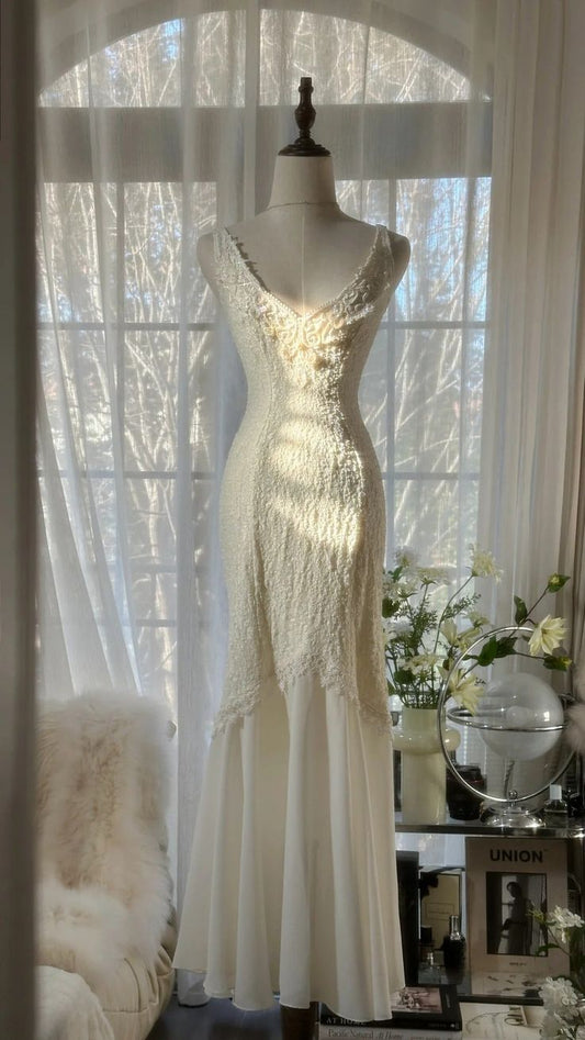 Robe de bal longue en satin et mousseline de soie, col en V, style sirène, unique, C4650