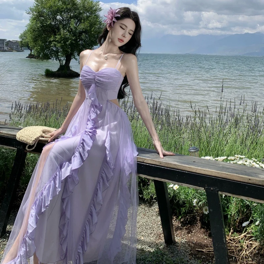 Robe de bal longue lilas à bretelles spaghetti en satin et tulle à volants, coupe trapèze, robe de soirée C4651