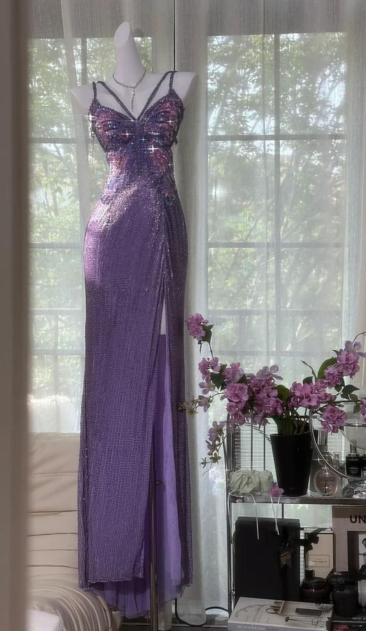 Superbe robe de bal sirène à bretelles spaghetti en satin violet à paillettes, longue, robe de soirée C4653