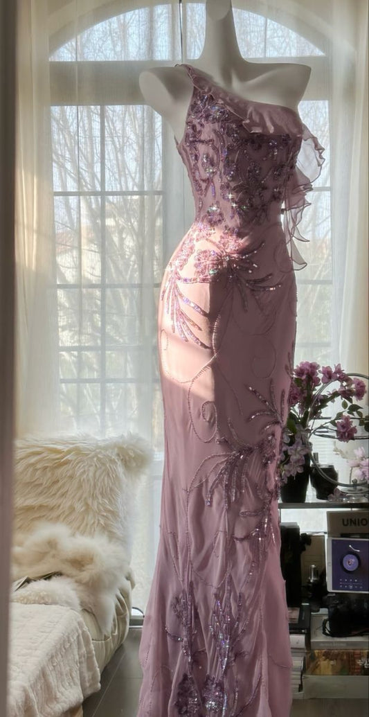 Robe de bal longue en mousseline de soie à paillettes, asymétrique, style sirène, C4654
