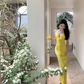 Robe de bal longue en satin jaune à bretelles spaghetti et sirène C4655