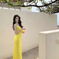 Robe de bal longue en satin jaune à bretelles spaghetti et sirène C4655