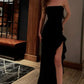 Robe de bal longue en satin noir, style sirène, sans bretelles, fendue, C4660