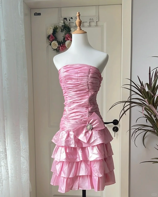 Vintage A Line Strapless Pink Satin Pleated Short Homecoming Dress 17th Birthday Outfits C4663