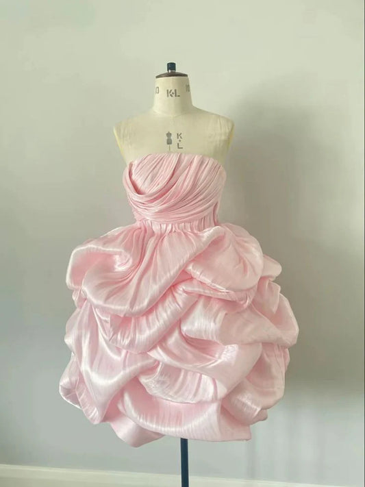 Sweet Pink Ball Gown Strapless Satin Short Homecoming Dress 17th Birthday Outfits C4666