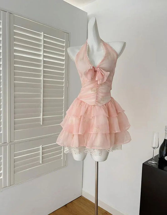 Classy A Line Halter Chiffon Lace Tiered Short Homecoming Dress 16th Birthday Outfits C4668