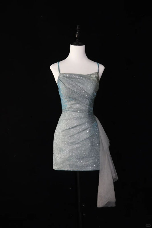Sparkly Mermaid Spaghetti Straps Satin Sequin Short Homecoming Dress 18th Birthday Outfits C4669