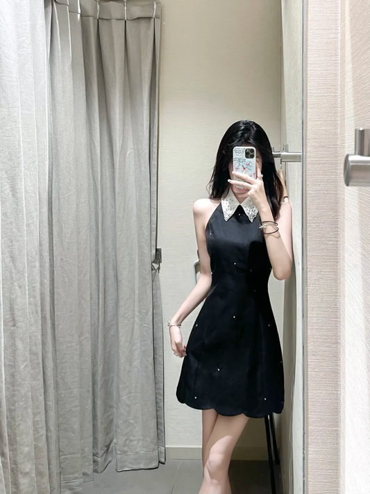 Classy A Line Halter Black Satin Beads Short Homecoming Dress 16th Birthday Outfits C4683