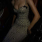 Superbe robe de bal sirène longue en satin à bretelles spaghetti et perles C4709