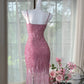 Sparkly Pink Mermaid Spaghetti Straps Sequin Tassel Short Homecoming Dress 19th Birthday Outfits C4710