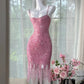 Sparkly Pink Mermaid Spaghetti Straps Sequin Tassel Short Homecoming Dress 19th Birthday Outfits C4710