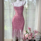 Sparkly Pink Mermaid Spaghetti Straps Sequin Tassel Short Homecoming Dress 19th Birthday Outfits C4710