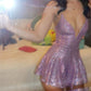 Lilac A Line Spaghetti Straps Deep V Neck Satin Sequin Short Homecoming Dress 20th Birthday Outfits C4712