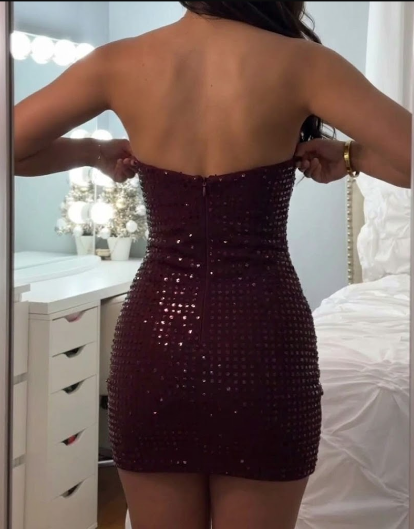 Sexy Mermaid Strapless Satin Sequin Short Homecoming Dress 20th Birthday Outfits C4714