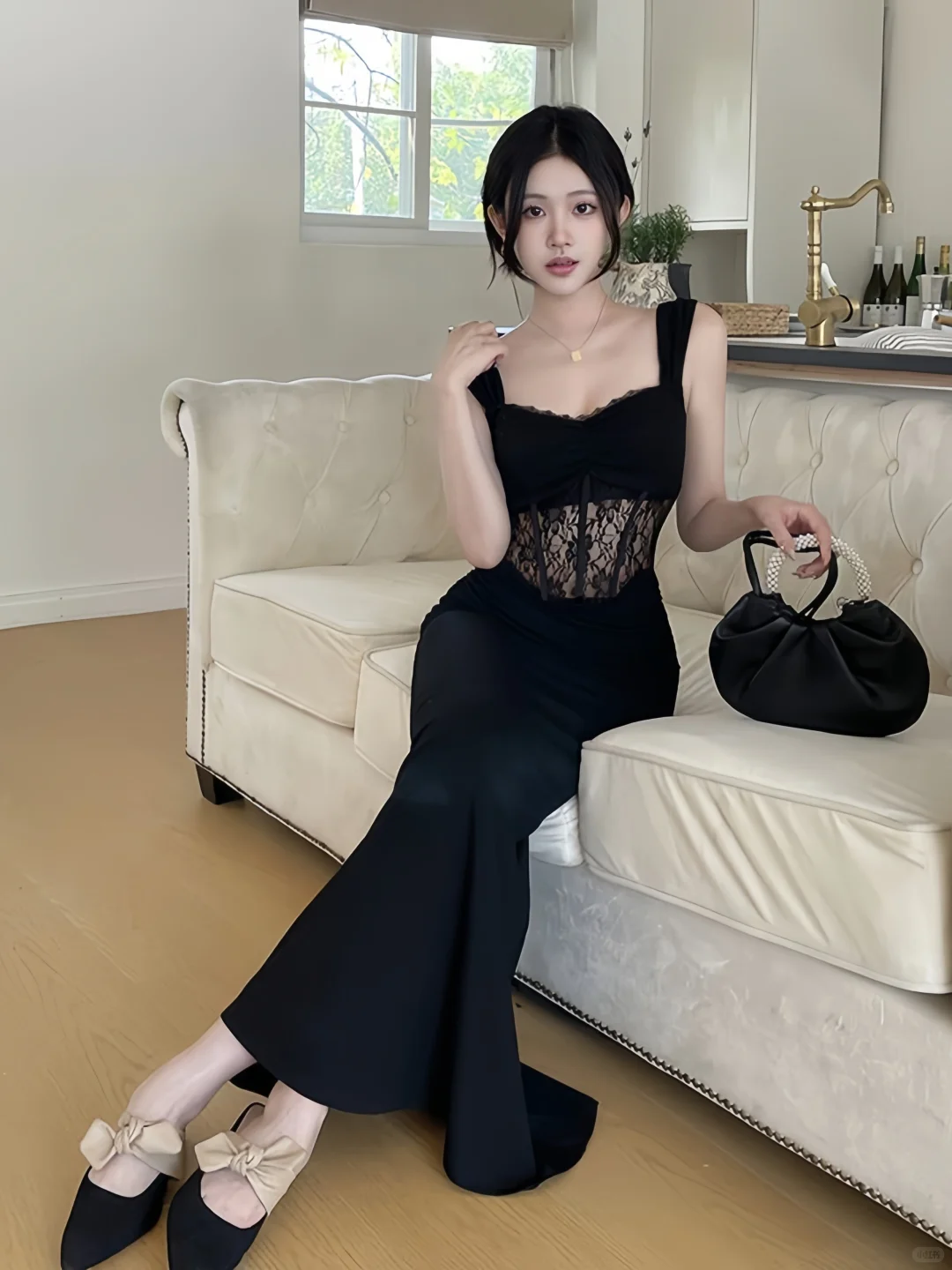 Robe de bal longue en satin noir et dentelle, élégante, décolleté en cœur, style sirène, C4723