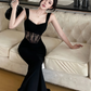 Robe de bal longue en satin noir et dentelle, élégante, décolleté en cœur, style sirène, C4723