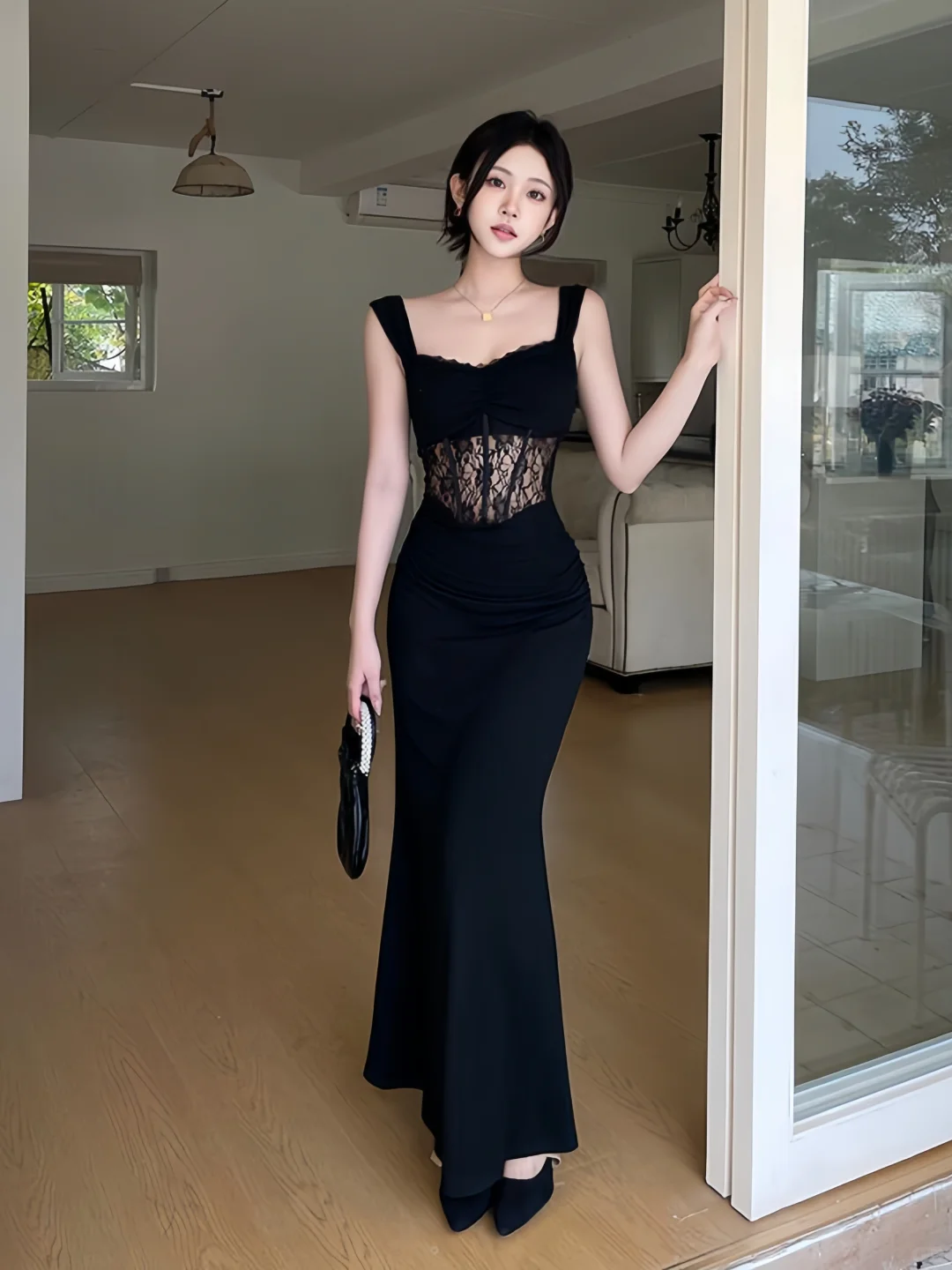 Robe de bal longue en satin noir et dentelle, élégante, décolleté en cœur, style sirène, C4723